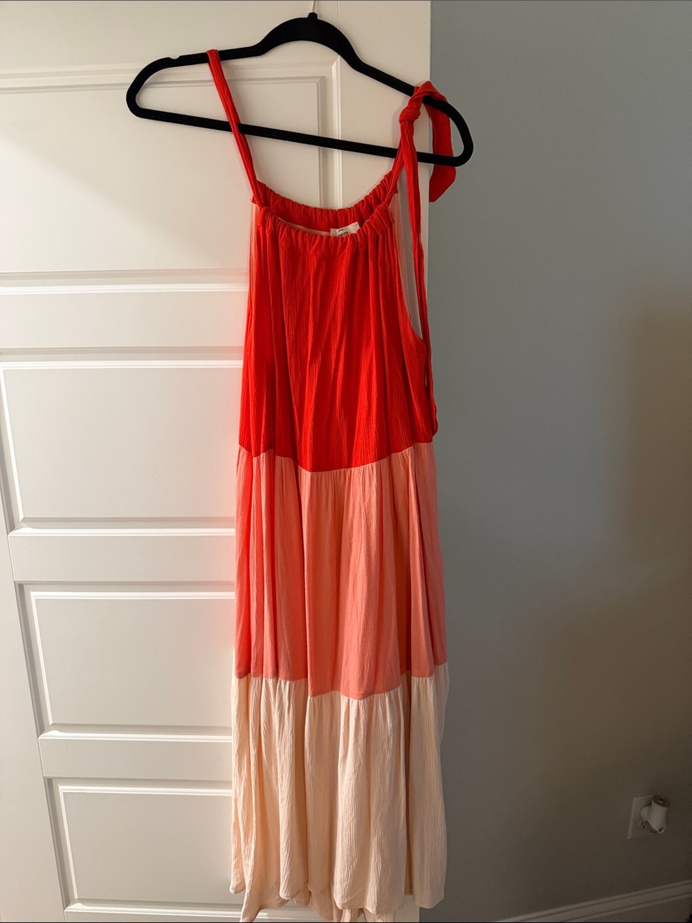 entro Colorblock Tiered Midi Dress in Red, Pink, Cream